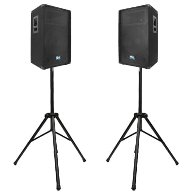 Pair of 15" PA DJ PRO AUDIO Speakers w/ 2 Tripod Stands image 2