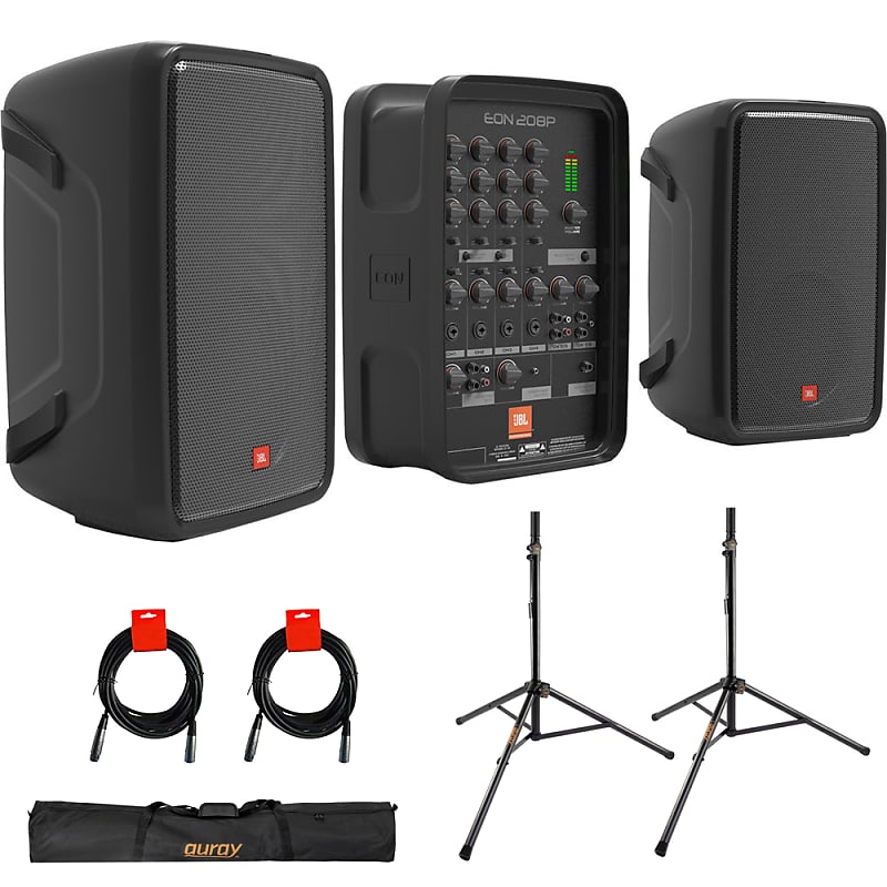 JBL Professional EON208P Portable All-in-One 2-way PA System Bundle with Auray SS-47S-PB Speaker Stand with Tripod Base and Carrying Case, and 2x 20" XLR-XLR Cables image 1