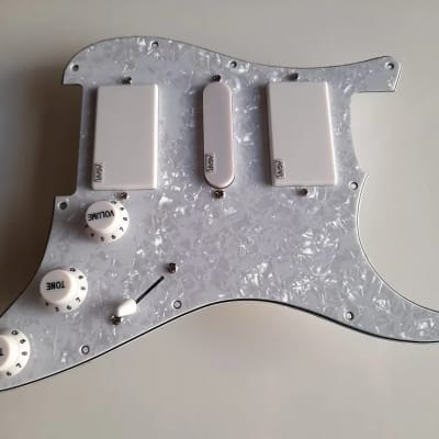 Handmade prewired HSH Neodymium Strat pickguard with HB split switch TR BL and mid PU cutoff switch image 2