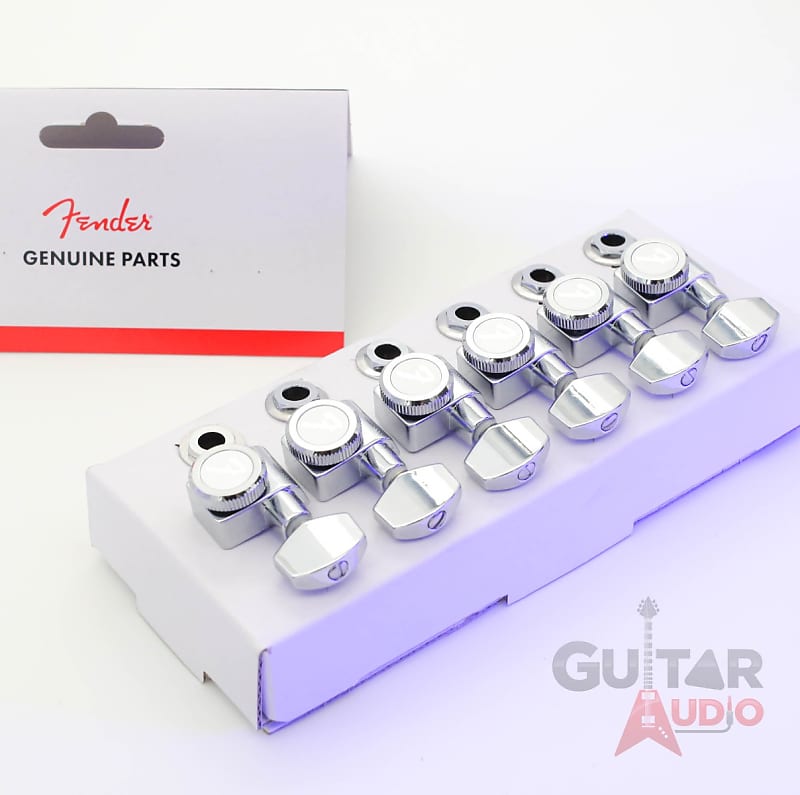 Genuine Fender CHROME LOCKING Tuners 6-InLine 2-pin Strat/Tele F Logo Machines image 1