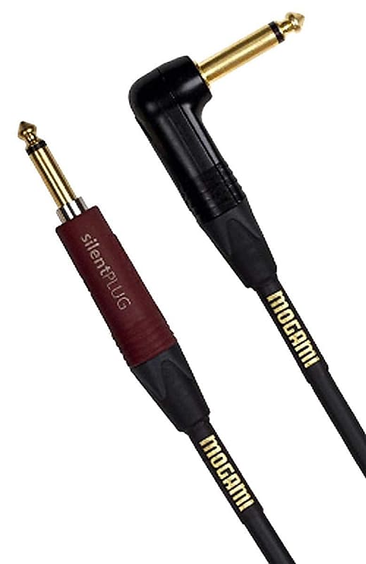Mogami Gold INST Silent S-18R Guitar Instrument Cable, 1/4" TS Male Plugs, Gold Contacts, Straight silentPLUG to Right Angle Connectors, 18 Foot image 1