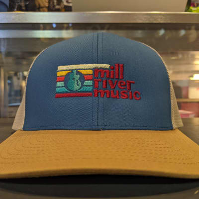 Mill River Music Embroidered Trucker Hat 1st Ed Main Logo Blue Amber Beige image 6