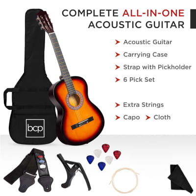 Best Choice Products Beginner Acoustic Guitar Set w/ Case, Strap, Strings - 38in-Natural Mahogany image 23
