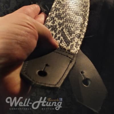 Well-Hung  "Saskatchewan Snow Snake" 3" wide padded leather guitar strap Black/Creme snakey image 2
