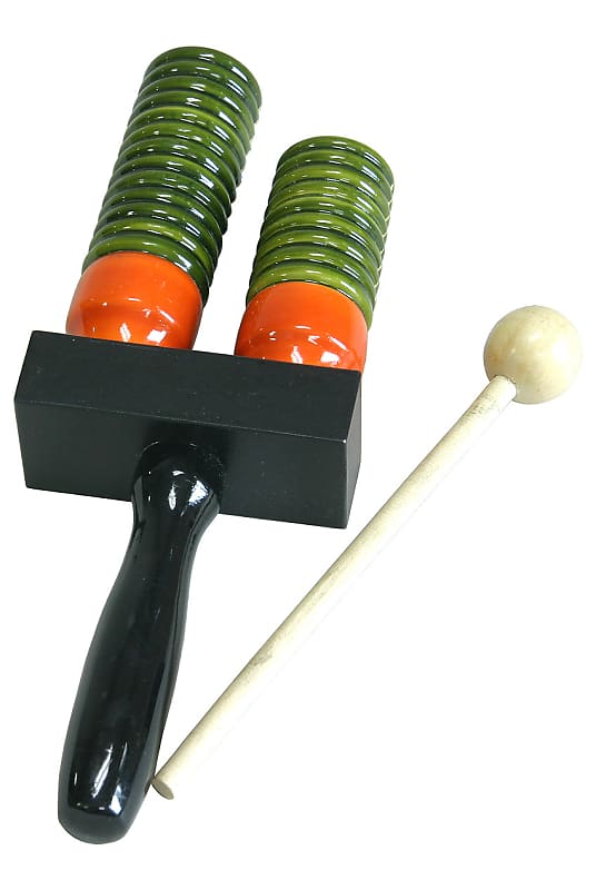 DOBANI Agogo Wooden Double Bell and Mallet Green and Orange image 1