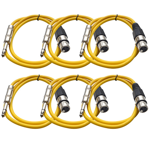 Seismic Audio SATRXL-F2YELLOW6 XLR Female to 1/4" TRS Male Patch Cables - 2' (6-Pack) image 1