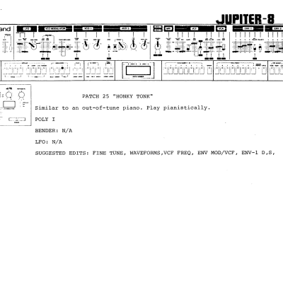 Roland Jupiter-8 Original Factory Patch Sheets