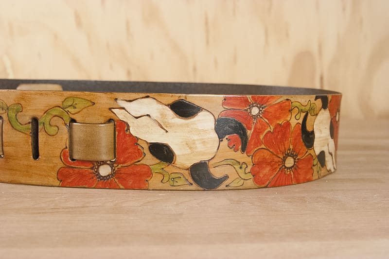 Leather Guitar Strap - Handmade with Cow Skulls and Roses by Moxie & Oliver - Nelly Pattern image 1