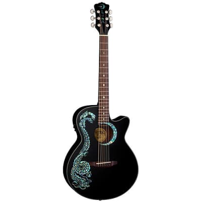 Luna FAU DRA BLK Fauna Series Dragon Inlayed Top Acoustic-Electric Guitar Black Finish for sale