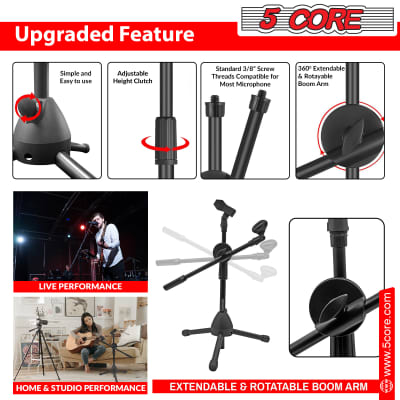 5 Core 360° Double Mic Stand PAIR w Boom Arm Height Adjustable Short Low Profile Microphone Tripod Black Mini Mic Stand with Dual Mic Clip Holders MS DBL S 2 Pcs image 4