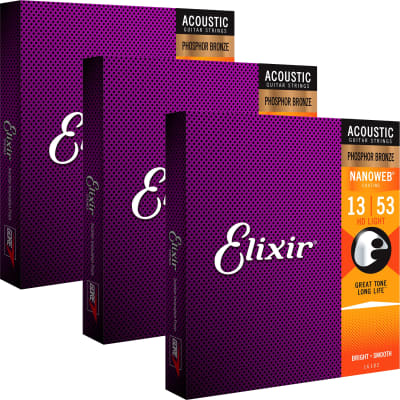 3 Sets of Elixir 16182 NANOWEB Phosphor Bronze HD Light Acoustic Guitar Strings (13-53)