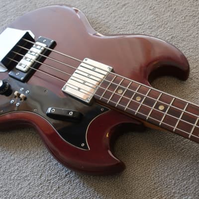 Vintage 1970s Teisco "Rhythmline" Brand SG EB Made In Japan Lawsuit Wine Red Bass Guitar Short Scale image 3