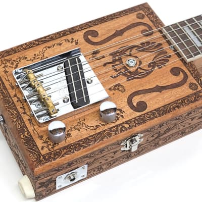 Handcrafted Engraved Solid Mahogany 6 String Opening Body Full 24.75"Scale Electric Cigar Box Guitar image 6