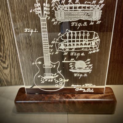 Gibson Les Paul Guitar Patent, Edge Lit Acrylic LED Sign Display, Figured Walnut,Laser Engraved image 2