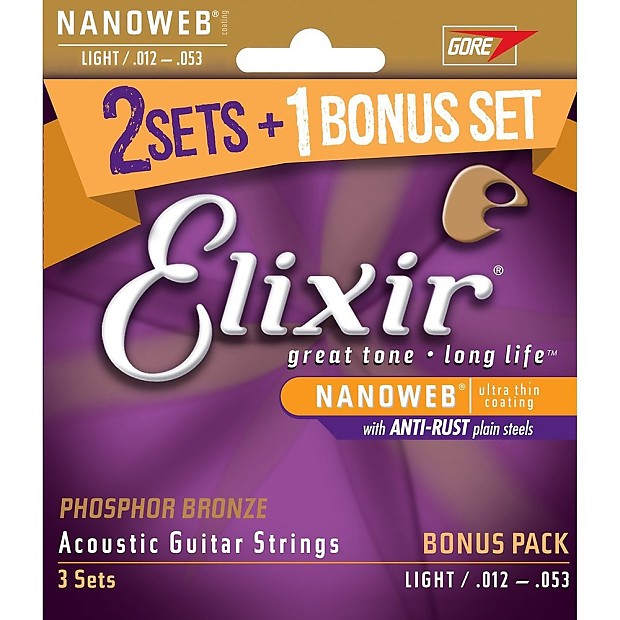 Elixir 16545 Nanoweb Phosphor Bronze Acoustic Guitar Strings - Light (12-53) 3-Pack image 1