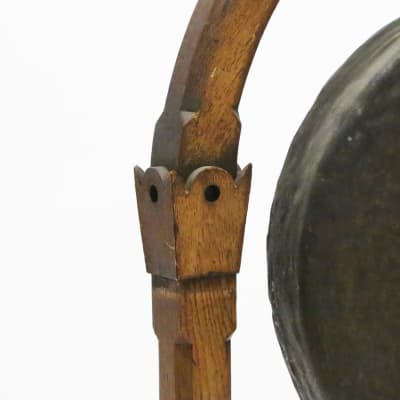 Victorian Era Gothic Revival Dinner Gong 14” Brass Cymbal & Oak Frame Stand Rare Vintage Percussion w/ Mallet image 11