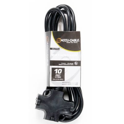 Accu-Cable EC163-3FER-10 10' 16AWG Power Extension Cord with Triple Tap Outlet image 1