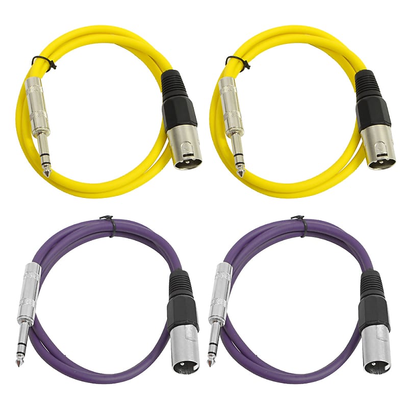 4 Pack of 1/4 Inch to XLR Male Patch Cables 3 Foot Extension Cords Jumper - Yellow and Purple image 1