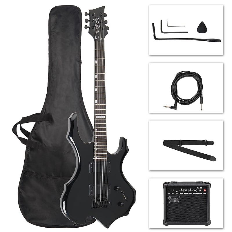 Glarry Flame Shaped H-H Pickup Electric Guitar Kit with 20W Electric Guitar AMP Bag Strap Picks Shake Cable Wrench Tool 2020s - Black image 1