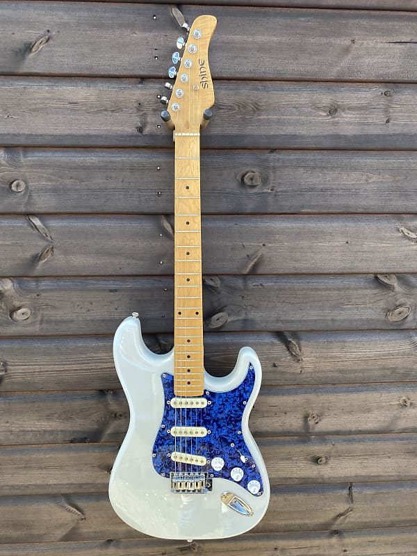 Shine Stratocaster Style Electric Guitar - White with Blue Tortoiseshell Scratch Plate image 1