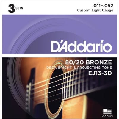 D'Addario EJ13-3D 11-52 Custom Light, 80/20 Bronze Acoustic Guitar Strings 3-Pack image 1
