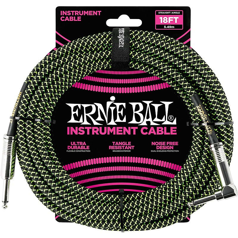 Ernie Ball 6082 Braided Instrument Cable, 18ft/5.5m, Black/Green image 1