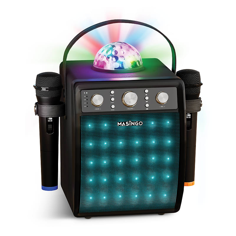 MASINGO 2023 Karaoke Machine for Adults & Kids with 2 UHF Wireless Microphones - Portable Singing PA Speaker System Set w/ Two Bluetooth Mics, Disco Ball Party Lights & TV Cable - Ostinato M7 Black image 1