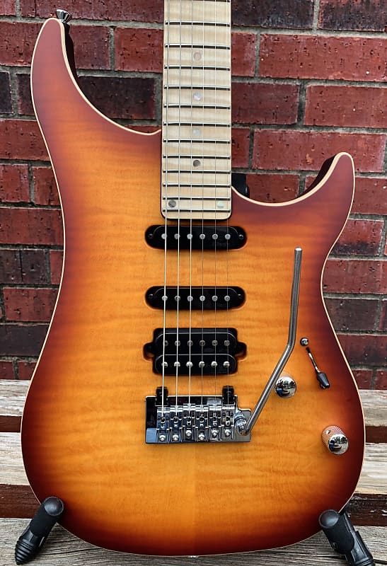 Vigier Excalibur Ultra Blues HSS Amber Matte Flame Top Guitar W/Tremolo & Deluxe Gig Bag image 1
