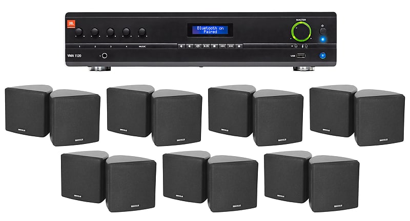 JBL Commercial Amplifier+(14) 3.5&quot; Black Cube Speakers for Restaurant/Bar/Cafe  			