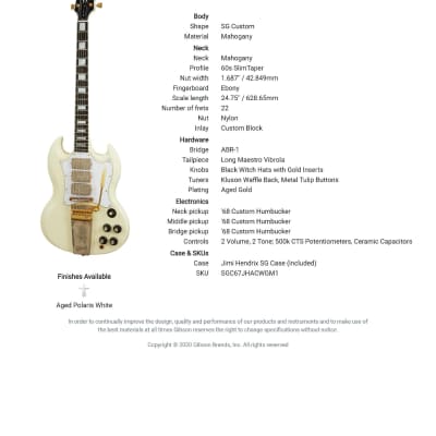 Gibson Custom Limited Edition Jimi Hendrix 1967 SG Custom 2020 Aged Polaris White image 24