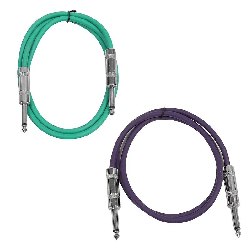 2 Pack of 2 Foot 1/4" TS Patch Cables 2' Extension Cords Jumper - Green & Purple image 1