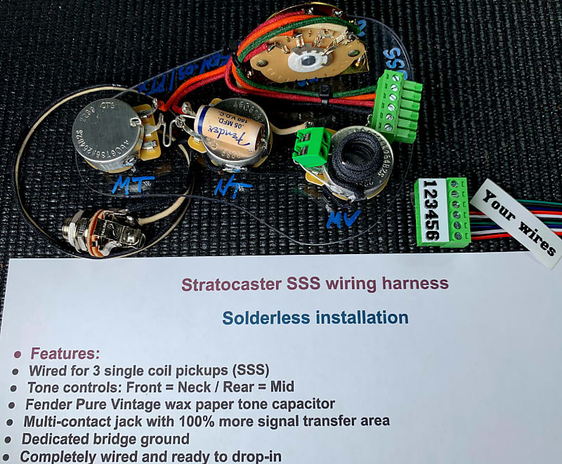 Solderless Stratocaster SSS wiring harness - Fender Pure Vintage wax paper tone cap! image 1