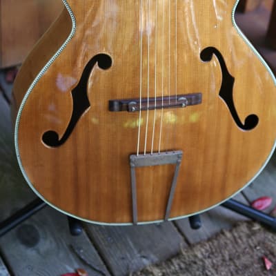 Harmony archtop arched top guitar flamed maple 1950's - natural image 2