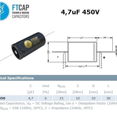 F&T 4,7uF 450V, axial electrolytic capacitor, A4,745010030 - Black