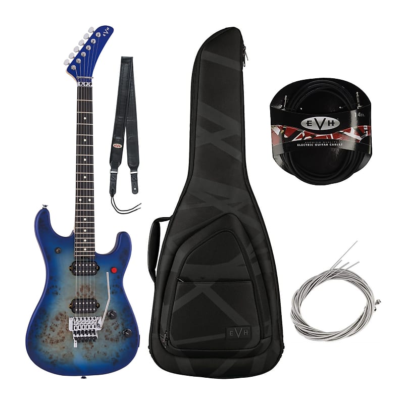 EVH 5150 Series Deluxe Poplar Burl Basswood Electric Guitar (Aqua Burst) Bundle with EVH Gig Bag, Strings, Strap, and Cable (5 Items) image 1