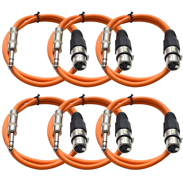 Seismic Audio SATRXL-F3ORANGE6 XLR Female to 1/4" TRS Male Patch Cables - 3' (6-Pack) image 1
