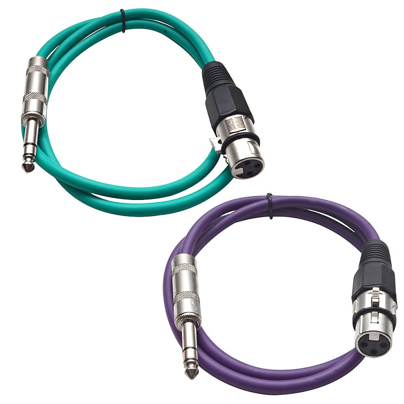 2 Pack of 1/4 Inch to XLR Female Patch Cables 2 Foot Extension Cords Jumper - Green and Purple image 1