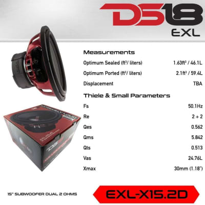 DS18 EXL-X15.2D Car Subwoofer 15" 2500 Watts Max Power 1250 Watts RMS Fiber Glass Dust Cap Red Aluminum Frame Dual Voice Coil 2+2 Ohm Impedance - Competition Grade Bass - 1 Speaker image 3