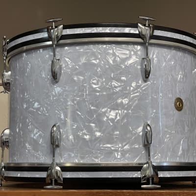 1960's Gretsch White Marine Pearl 14x24 16x16 9x13 Round Badge Drum Kit Re-Wrap image 18