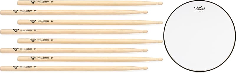 Vater Hickory Drumsticks 4-pack - Los Angeles 5A - Wood Tip  Bundle with Remo Ambassador Clear Drumhead - 16 inch image 1