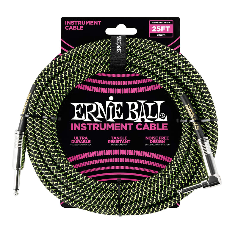 Ernie Ball 25' Braided Straight / Angle Instrument Cable - Black / Green image 1