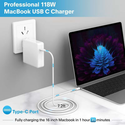 Mac Book Pro Charger - 118W USB C Charger Power Adapter for USB C Macbook Pro 16 15 14 13 Inch, & Macbook Air 13 Inch 2021 2020 2019 2018, New Ipad Pro, Include Charge Cable（7.2Ft/2.2M） image 2