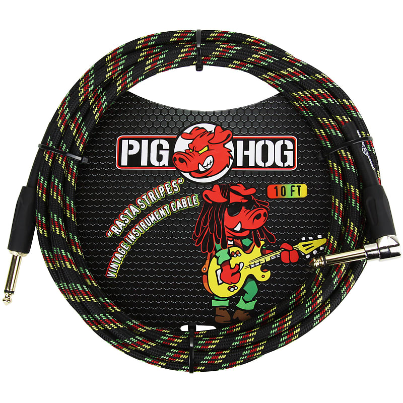 Pig Hog PCH10RAR Vintage Series 10ft Woven Instrument Cable, Rasta Stripes image 1