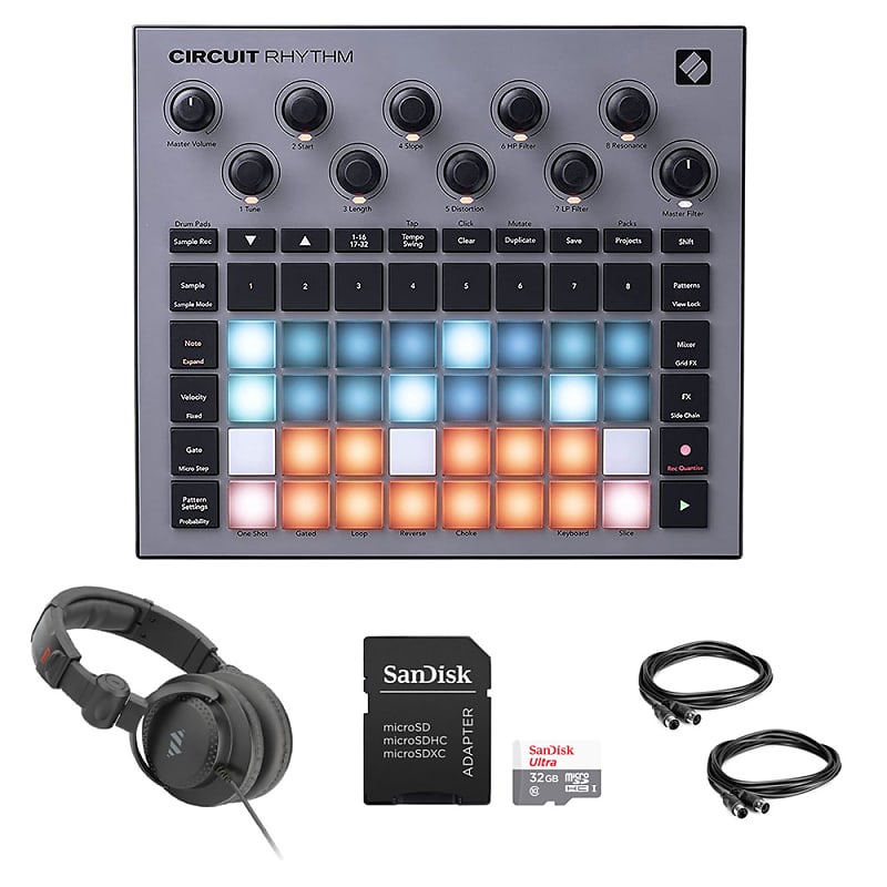 Novation Circuit Rhythm Groovebox Workstation with Standalone Sampler  Bundle with Studio Pro Monitor Headphones, 32GB Memory Card, and 2x MIDI  Cable