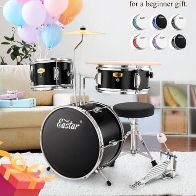 Drum Set 14'' For Kids Beginners,3 Piece With Bass Tom Snare Drum,Adjustable Throne, Cymbal, Pedal & Two Pairs Of Drumsticks, Metallic All Black image 3
