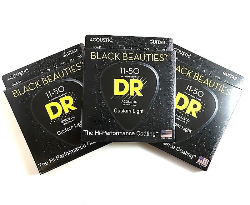 DR Guitar Strings Acoustic 3 Pack K3 Black Beauties Coated 11 50 Custom Light