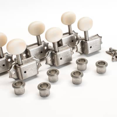 Aged Kluson Deluxe Single Line Butterbean Oval Plastic Button Nickel Tuning Machines 3+3 image 1