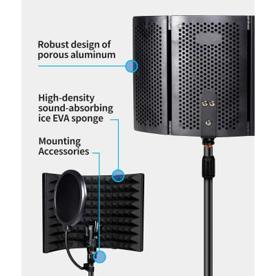 Professional Studio Recording Microphone Isolation Shield Foldable With Desk Mic Stand Pop Filter Density Absorbing Foam Reflector Booth For Blue Yeti Condenser Microphone Recording Equipment image 5