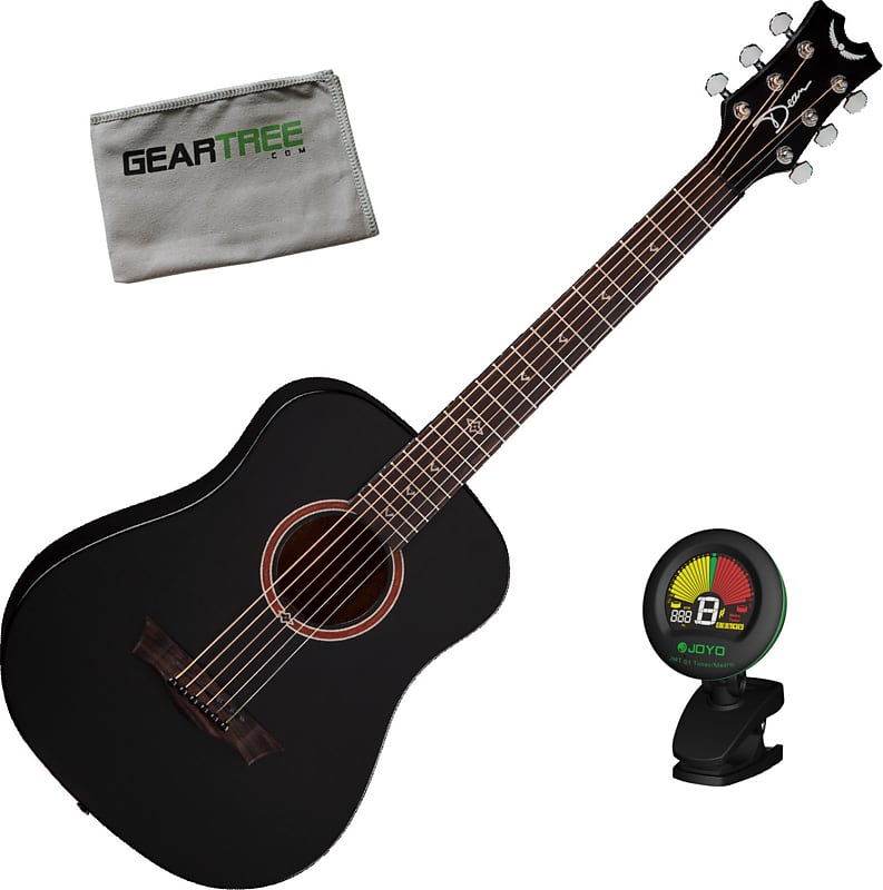 Dean Flight Mahogany Travel BKS Black Satin Acoustic Guitar Bundle w/Bag,  Tuner, and Cloth