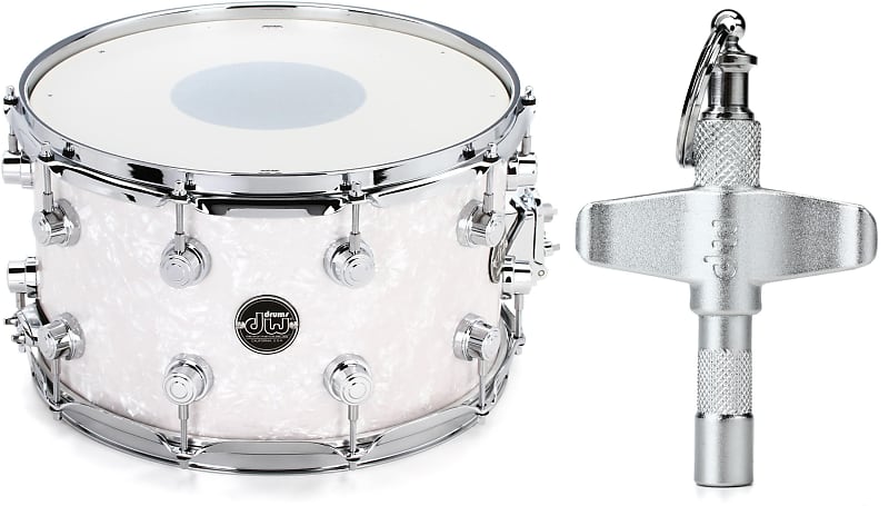 DW Performance Series Snare Drum - 8 x 14 inch - White Marine FinishPly  Bundle with DW DWSM800 Drum Key Keychain image 1